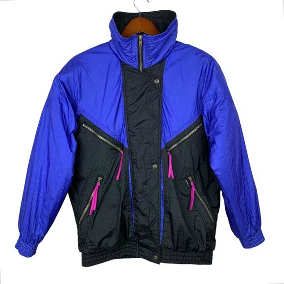 Vintage Ski Jacket Colorblock Black Purple 80s 90s Full Zip Pockets Women's M - Picture 1 of 8
